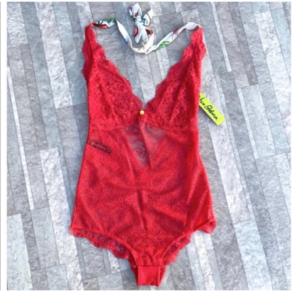Sam Edelman Geranium Reddish Lace Halter Bodysuit